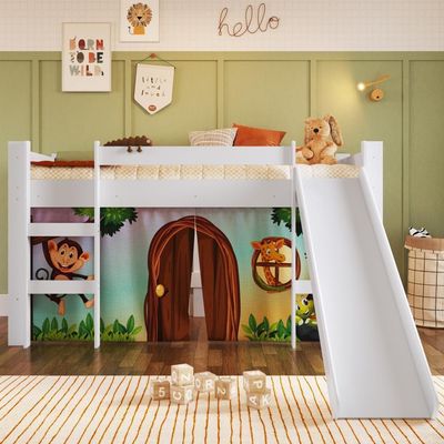 Cama Infantil Elevada Solteiro 202cm Degrau Escorregador Estampada Zoo