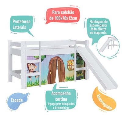 Cama Infantil Elevada Solteiro 202cm Degrau Escorregador Estampada Zoo