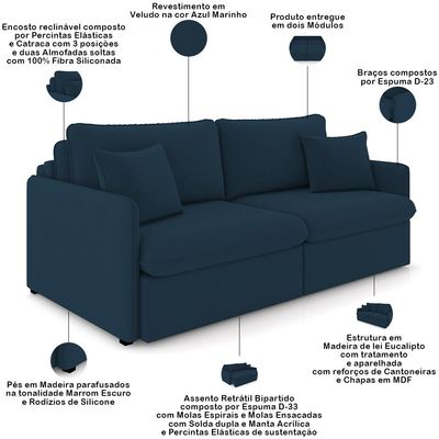Sofá Cama Retrátil Para Sala de Estar 254cm Una K01 Veludo Azul Marinho - Lyam Decor
