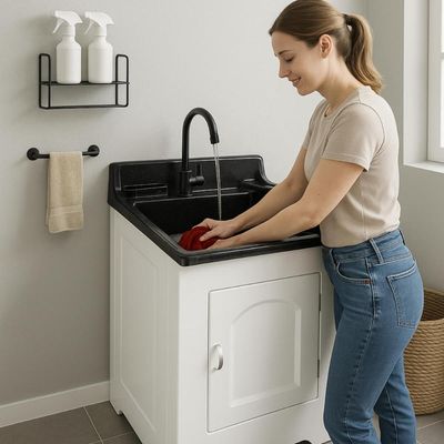 Gabinete para Lavanderia com Tanque Esfregadeira de Roupas 40L Limpar Calçados Organizar Lavanderia