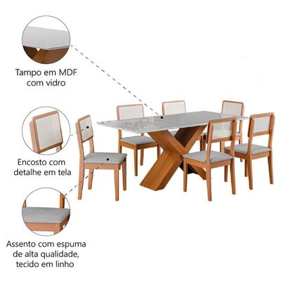 Conjunto De Mesa Sala De Jantar Tampo Com Vidro 1,80m Grécia 6 Cadeiras Santiago Dobuê / Cinza