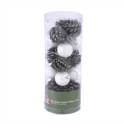Kit Bola Natal Le 3cm Branco com Pinha com 12 Unidades