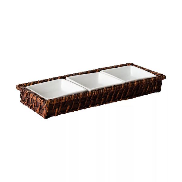 Petisqueira em Rattan e Porcelana Mundiart Retangular com 3 Divisórias Petisqueira em Rattan e Porcelana Mundiart Retangular com 3 Divisórias