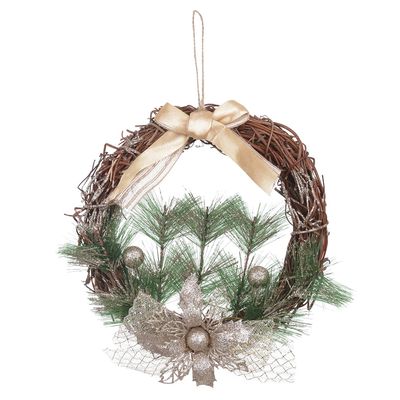 Guirlanda de Natal Flor Arte Dourada e Champanhe 24cm
