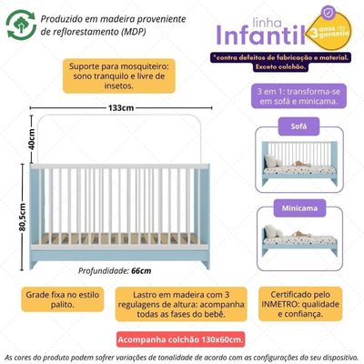 Berço 3 Em 1 Com Colchão Incluso Multimóveis Mp4394 Azul/branco