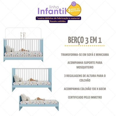 Berço 3 Em 1 Com Colchão Incluso Multimóveis Mp4394 Azul/branco