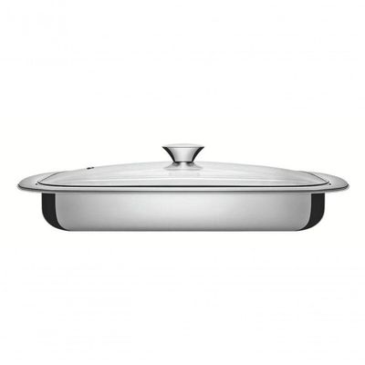 Assadeira Retangular Tramontina Cosmos 43cm Em Aço Inox Com Tampa De Vidro