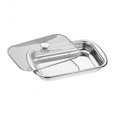 Assadeira Retangular Tramontina Cosmos 43cm Em Aço Inox Com Tampa De Vidro