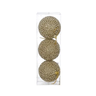 BOLA DECORADA NATAL C/ GLITTER NO PVC C/3 UND (CHAMPANHE) 8cm