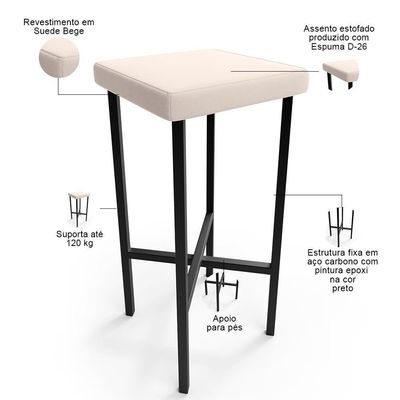 Kit 04 Banquetas Alta Bar Cozinha Sala De Jantar Preto Stella L02 Suede Bege - Lyam Decor