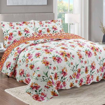Kit Cobre Leito Colcha Daily King 3 Peças Dupla Face Estampado - Lilian Floral - 100% Poliéster
