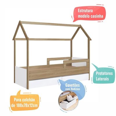 Cama Infantil Montessoriana Casinha Solteiro Gavetas com Roda Aveiro com Branco