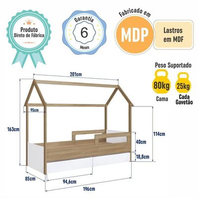 Cama Infantil Montessoriana Casinha Solteiro Gavetas com Roda Aveiro com Branco