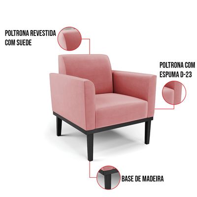 Poltrona Base de Madeira Fixa Preto Marisa Suede Rosê  D03 - D'Rossi