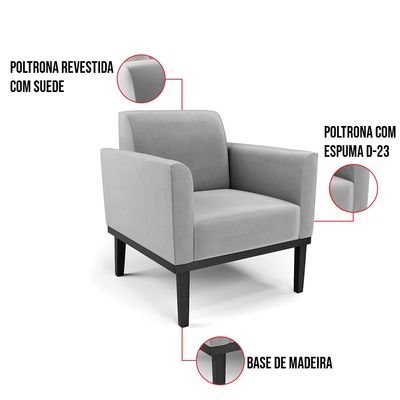 Poltrona Base de Madeira Fixa Preto Marisa Suede Cinza