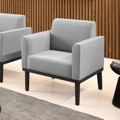 Poltrona Base de Madeira Fixa Preto Marisa Suede Cinza