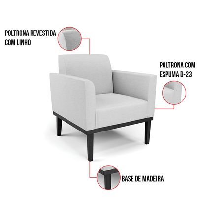 Poltrona Base de Madeira Fixa Preto Marisa Linho Cinza A05