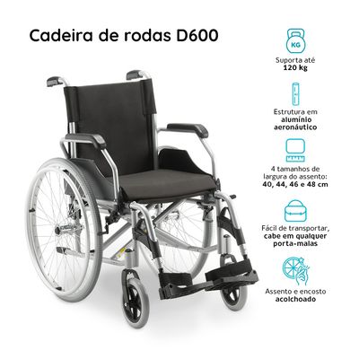 Cadeira de Rodas em Alumínio Dobrável até 120 Kg Assento 46 cm D600 Dellamed Preto