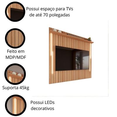 Painel Efeito Ripado 3d Com Led Para Até 70 Polegadas Sevilla 183cm Jequitibá