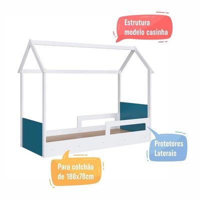 Cama Infantil Montessoriana Casinha Menino Menina Solteiro Com Proteção Lateral Branco Com Azul