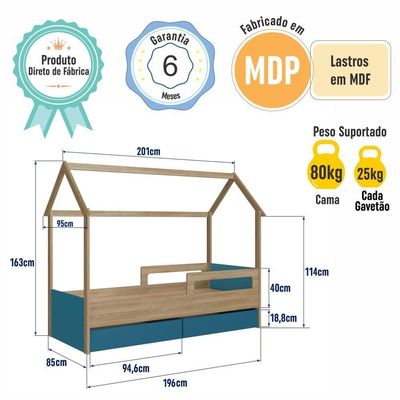 Cama Infantil Montessoriana Casinha Solteiro Gavetas com Roda Aveiro com Azul