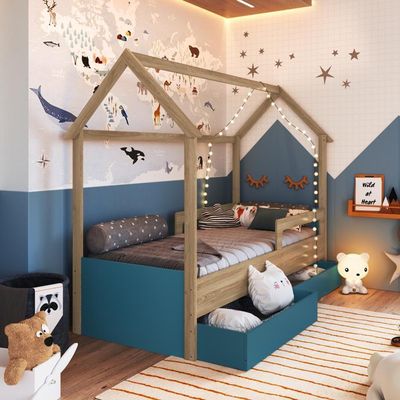 Cama Infantil Montessoriana Casinha Solteiro Gavetas com Roda Aveiro com Azul