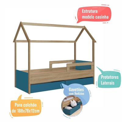 Cama Infantil Montessoriana Casinha Solteiro Gavetas com Roda Aveiro com Azul