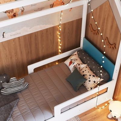 Cama Infantil Montessoriana Casinha Menino Menina Solteiro Com Proteção Lateral Branco Com Azul