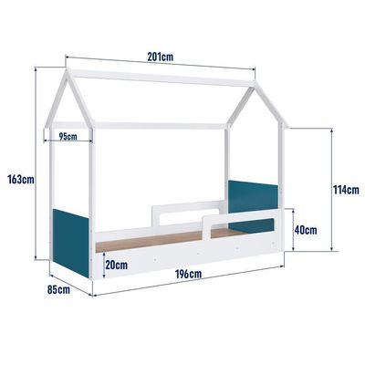 Cama Infantil Montessoriana Casinha Menino Menina Solteiro Com Proteção Lateral Branco Com Azul