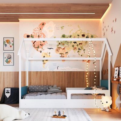 Cama Infantil Montessoriana Casinha Menino Menina Solteiro Com Proteção Lateral Branco Com Azul