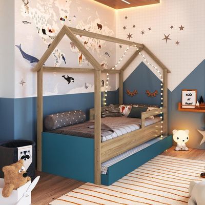 Cama Infantil Bicama Montessoriana Casinha Solteiro Auxiliar Aveiro com Azul
