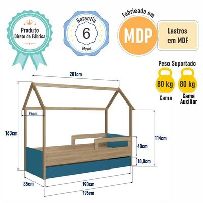 Cama Infantil Bicama Montessoriana Casinha Solteiro Auxiliar Aveiro com Azul