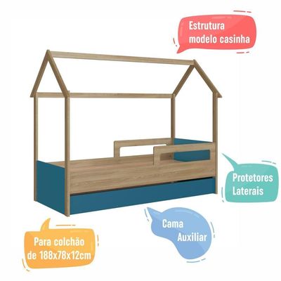 Cama Infantil Bicama Montessoriana Casinha Solteiro Auxiliar Aveiro com Azul