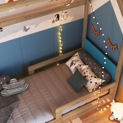Cama Infantil Bicama Montessoriana Casinha Solteiro Auxiliar Aveiro com Azul