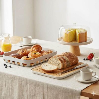 Kit Café da Manhã Boleira Cúpula Bandeja Tábua Migalheira Bambu Lume Bege Ou