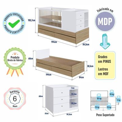 Berço Infantil Multifuncional 194cm Cômoda Trocador Gavetões Aveiro com Branco