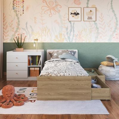 Berço Infantil Multifuncional 194cm Cômoda Trocador Gavetões Aveiro com Branco