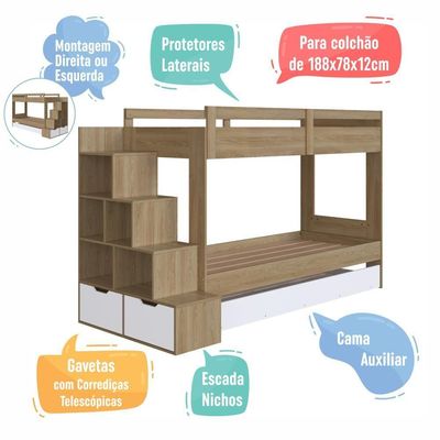 Cama Treliche Infantil Bicama Menino Menina 2,32m Com Escada, Nichos E Gavetas Aveiro Com Branco