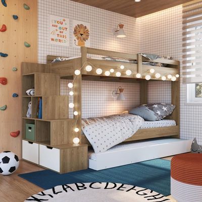 Cama Treliche Infantil Bicama Menino Menina 2,32m Com Escada, Nichos E Gavetas Aveiro Com Branco