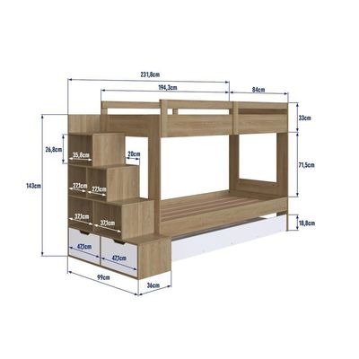 Cama Treliche Infantil Bicama Menino Menina 2,32m Com Escada, Nichos E Gavetas Aveiro Com Branco