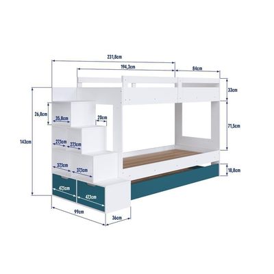 Cama Treliche Infantil Bicama Menino Menina 2,32m Com Escada, Nichos E Gavetas Branco Com Azul