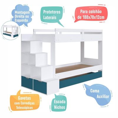 Cama Treliche Infantil Bicama Menino Menina 2,32m Com Escada, Nichos E Gavetas Branco Com Azul