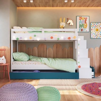 Cama Treliche Infantil Bicama Menino Menina 2,32m Com Escada, Nichos E Gavetas Branco Com Azul