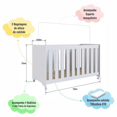 Berço Infantil Simples Com Rodas, Colchão, Regulagem De Altura E Grade Mdf 133cm Branco