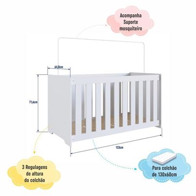 Berço Infantil Simples 133cm Com Regulagem De Altura E Grade Mdf Branco