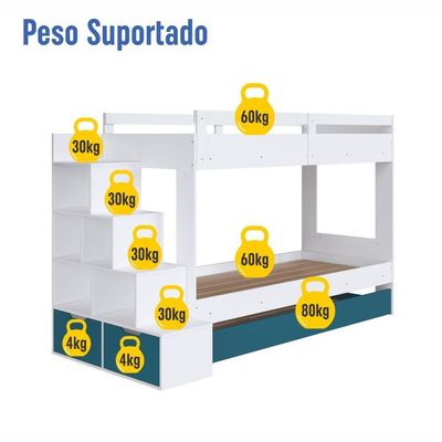 Cama Treliche Infantil Bicama Menino Menina 2,32m Com Escada, Nichos E Gavetas Branco Com Azul