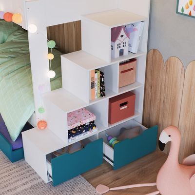 Cama Treliche Infantil Bicama Menino Menina 2,32m Com Escada, Nichos E Gavetas Branco Com Azul