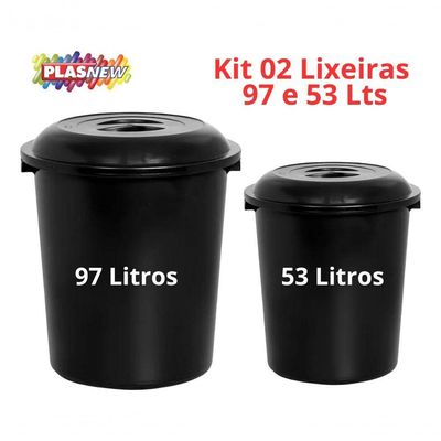 2 Cesto De Lixo Lixeira Fechada Preto 97 E 53 Litros Plasnew