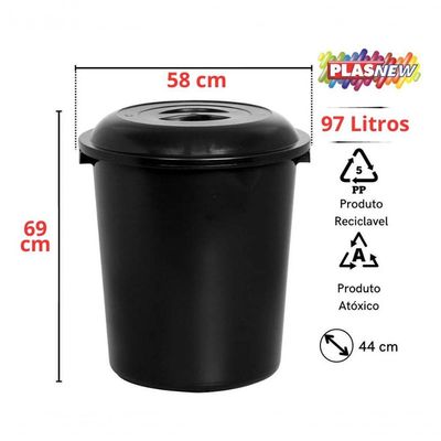 2 Cesto De Lixo Lixeira Fechada Preto 97 E 53 Litros Plasnew