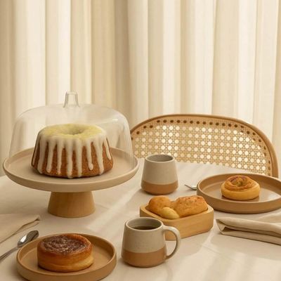 Conjunto Boleira com Cúpula e Migalheira Porta Pão com Tampa Prato Bolos Doces Bege Bambu Ou